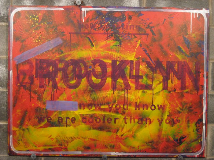 Brooklyn: [We k]now you know we are cooler than you.  2011.  Acrylic on Baltic Birch Ply.  36" x 48".