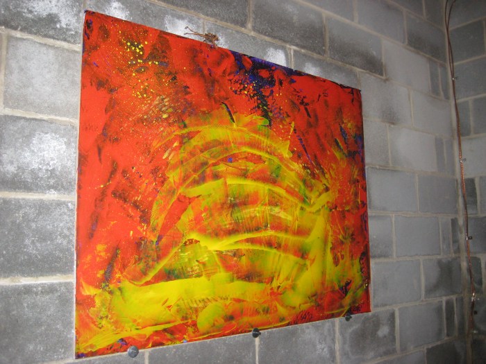 The frantic, Abstract Expressionist style of the underpainting is common for the signs.  I liked this one enough, however, to keep as the visible coat.  I felt it fit the direction of the text somehow.