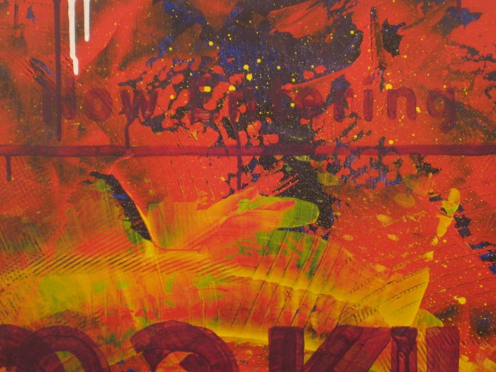 The non-erased "Now Entering" is less welcoming and was seemingly put on the sign after "welcome to" had been erased.  However, due to the frantic nature of the non-unified underpainting, the egress indication is still hard to read.