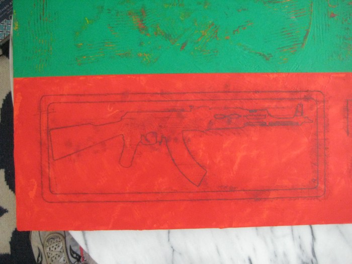 Detail of AK-47 charcoal outlining done by the assistant, a high school student.  Makes me  shudder now.